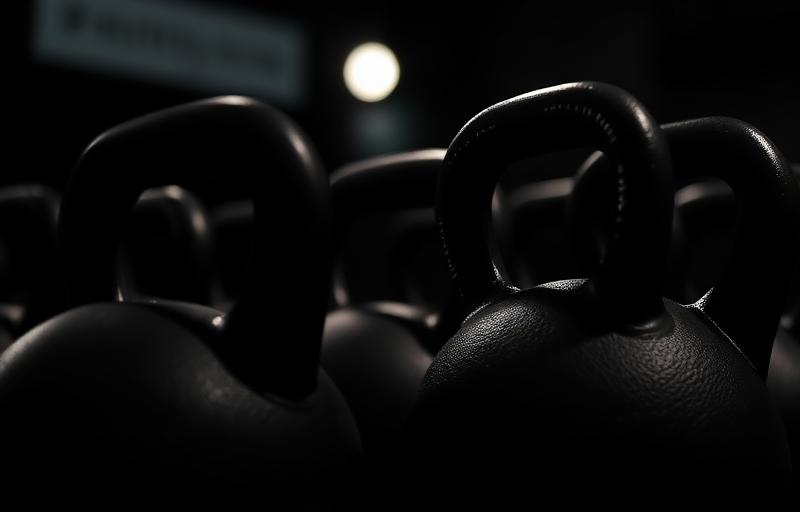 Cast iron kettlebells in a dark gym